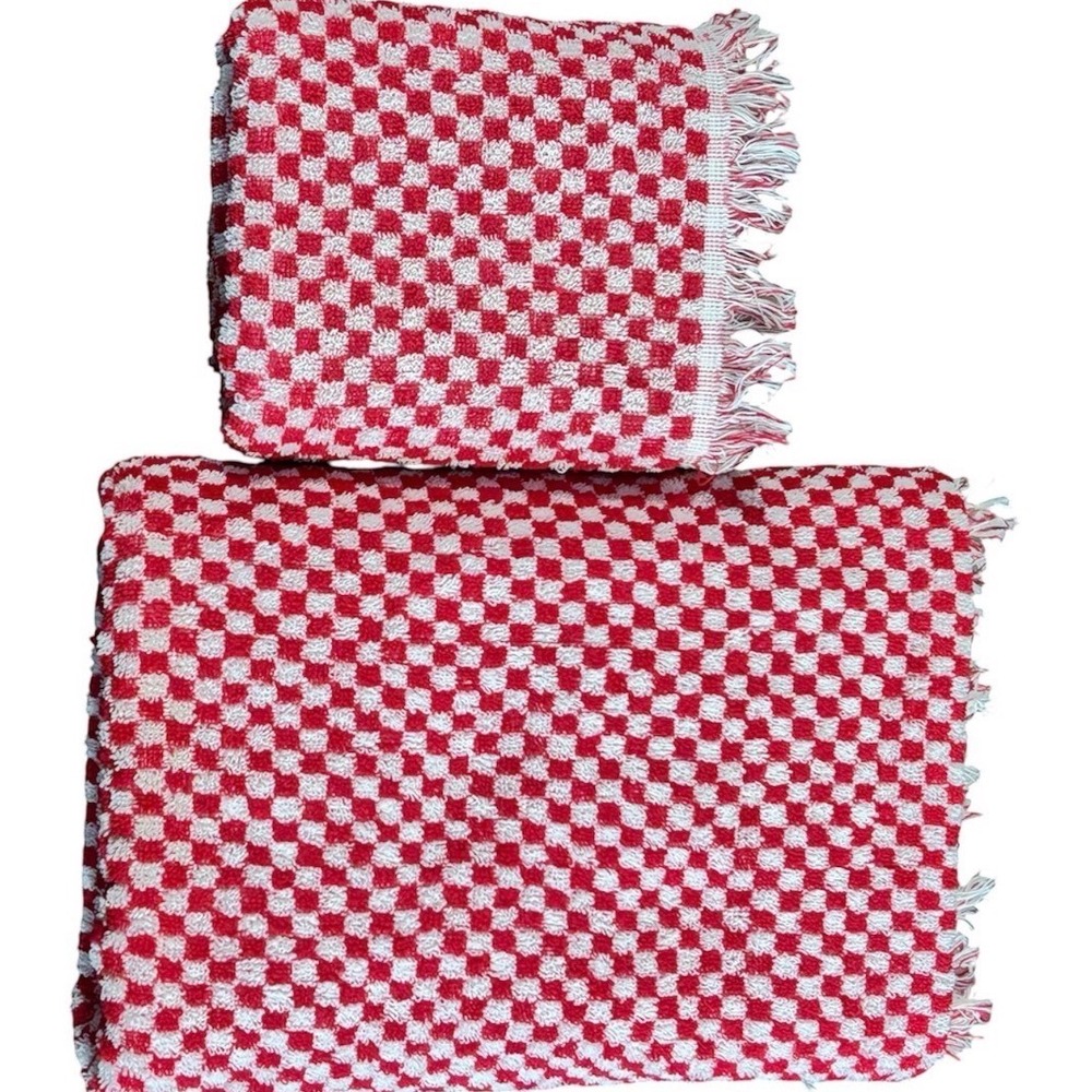 Fieldcrest Vintage MCM Red White Gingham Bath Hand Towel Set 100% Cotton USA